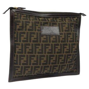 FENDI Zucca Canvas Clutch Bag Brown Black gold